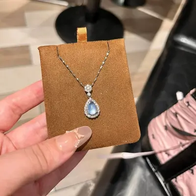 Blue tear drop pendant necklace, titanium steel - 4