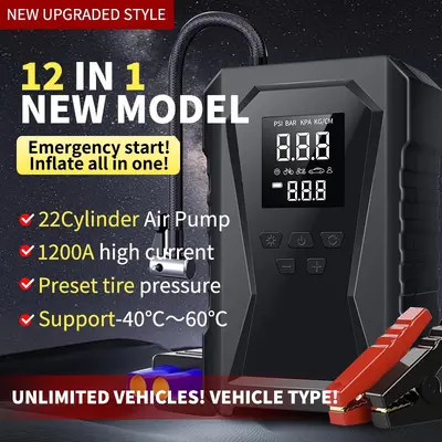Araç acil çalıştırma güç kaynağı ve hava pompası hepsi bir arada cihaz 12V taşınabilir kablosuz araç elektrikli hava pompası