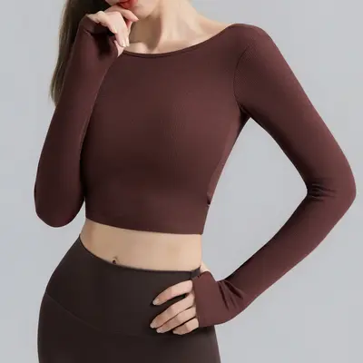 Women's Pilates Training Top, Long Sleeve with Chest Pad and Open Back - 7