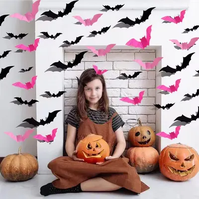 Трансграничные 12 шт. красочные наклейки летучие мыши 3D стерео фиолетовые оранжевые наклейки летучие мыши декор для вечеринки на Хэллоуин настенные наклейки