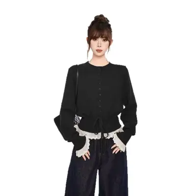 Ruffle Trim Knit Cardigan for Women, Round Neck, Single-Breasted, Autumn Winter Long Sleev