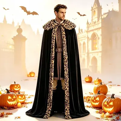 Unisex uzun yeşil pelerin, kadife leopar desenli, cadılar bayramı ve cosplay