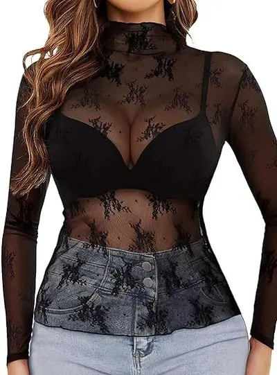 Damen-Spitzenbluse, langarm, Stehkragen, transparent mit Blumenmuster