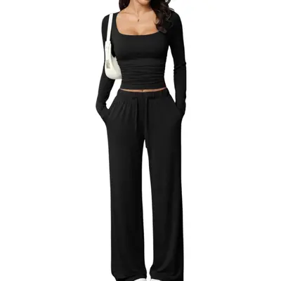 Women's Square-Neck Long-Sleeve Top and Pants Casual Set - 9