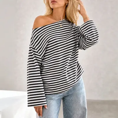 Women's Round Neck Striped Color-Block Long Sleeve T-Shirt
