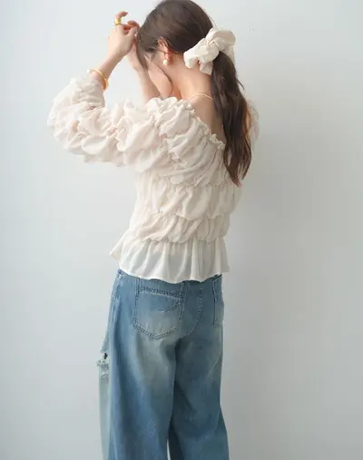 Women's flared sleeve pleated long sleeve chiffon blouse - 8