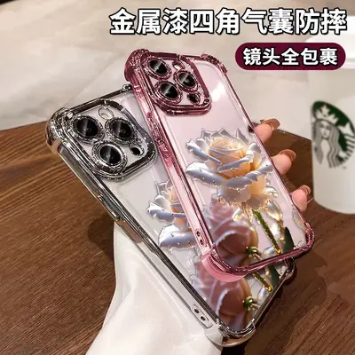iPhone 16, 15 Pro, 13, 12, X compatible crystal rose pattern airbag transparent electropla