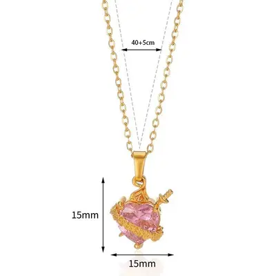 Pink Stone Gold Eros Arrow Heart Flower Necklace, Crystal Women's Necklace