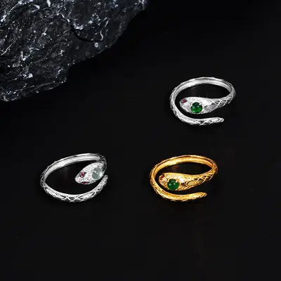 S925 Sterling Silver Snake Ring, Open Design, Jade Detail