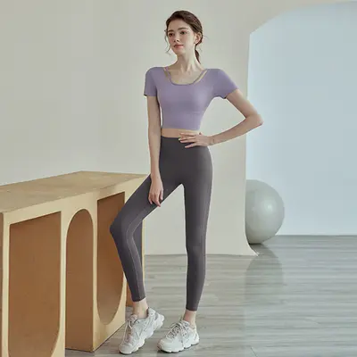 Kadın yoga kıyafeti takımı, düz renk kısa kollu, pilates ve fitness için - 12