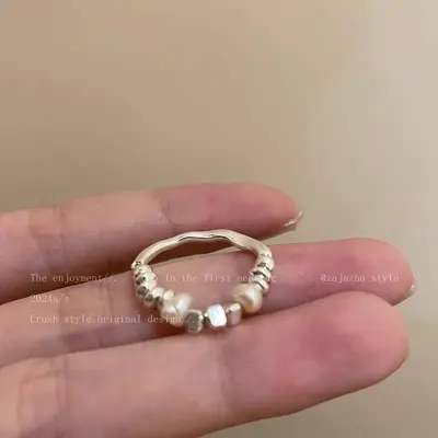 Irregular pearl silver ring for women, minimalist design - 8