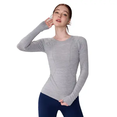 Damen-Yogashirt, nahtlos, Langarm, Rundhals, hohe Elastizität - 6