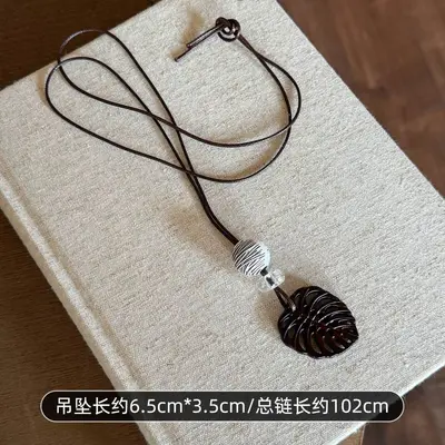 Chinese Old Money Style! Brown Wood Pendant Necklace for Women with High-end Minimalist Collarbone Chain Summer Long Style Accessory - 11