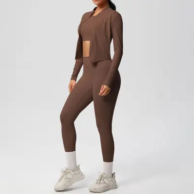 Solid Color Brushed Tight Fitness Jacket Three-Piece Set for Women - 3