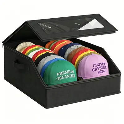 Foldable Hat Storage Box with Zipper, Dustproof, Window, Stackable - 7