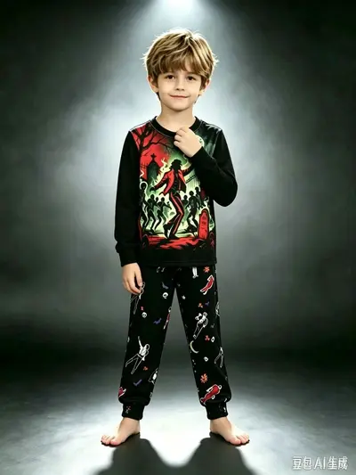Kinder Halloween-Hausanzug, MJ Zombie-Motiv, Langarm und lange Hose