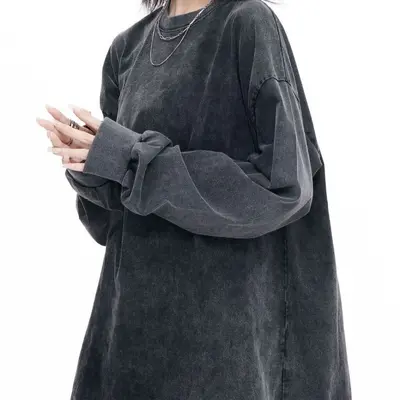 Washed Distressed Long Sleeve T-Shirt Unisex, Plus Size, Drop Shoulder
