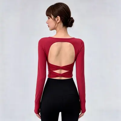 Yoga-Oberteil mit Rückenfrei, Langarm, mit Bustier-Pad