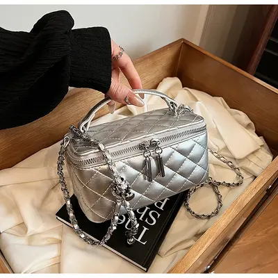 Women's Small Square Handbag, Box Style with Chain Strap, Crossbody - 8