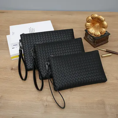 Men's Woven Hand Bag, Large Capacity Soft Leather Clutch Envelope Bag - 4