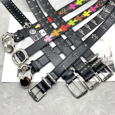 Chrome Hearts Sacred Sword Cross Belt for Men, Roller Hollow Design, Evergreen Style, Hanging Pattern Women's Belt, Celebrity Style, Perforated Heart Design.