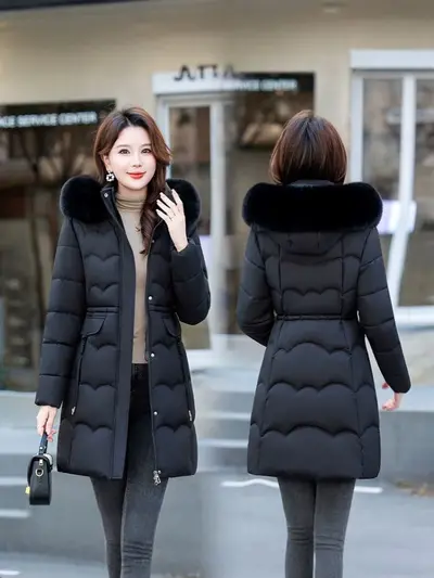 Damen-Winterjacke mit großem Pelzkragen, mittellang, Wintermodell 2026, modisch und schick, Daunen-Watteparka, warme Außenjacke, auf Lager