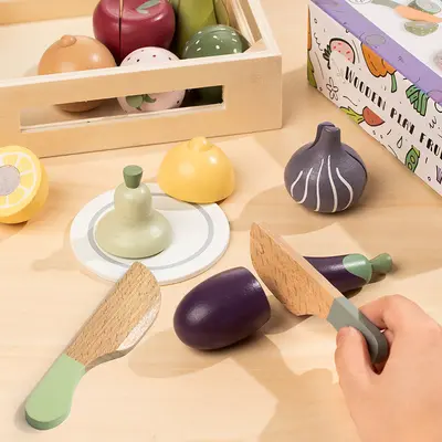 Wooden Early Education Intelligent Simulation 14-piece Tableware Fruit Cutting Play Set Baby Pretend Play Kitchen Toy