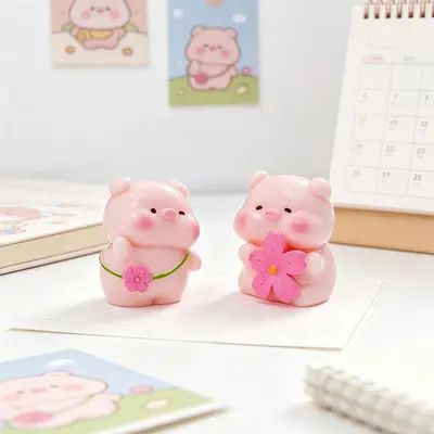 Cute Cherry Blossom Piglet Figurine for Dollhouse and DIY Decoration - 5
