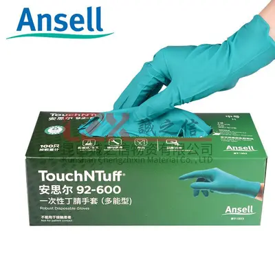 Промоционные одноразовые химические лабораторные защитные перчатки Ansell 92-600 из нитрила, износостойкие, кислото- и щелочестойкие, ПВХ