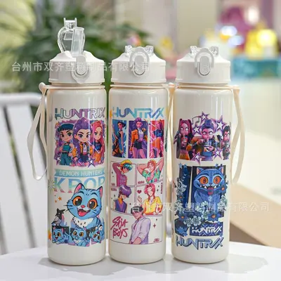 新款K-POP猎魔女团塑料水杯便携儿童户外吸管杯跨境儿童吸管水杯