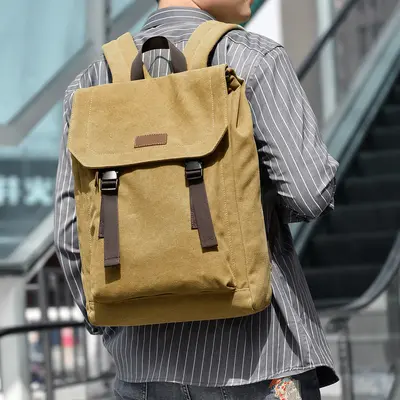 Men's Canvas Backpack with Laptop Compartment, American Casual Style - 3