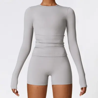 Women's Autumn Winter Long-Sleeve Yoga Set, Brushed Crew Neck Pilates Wear - 12