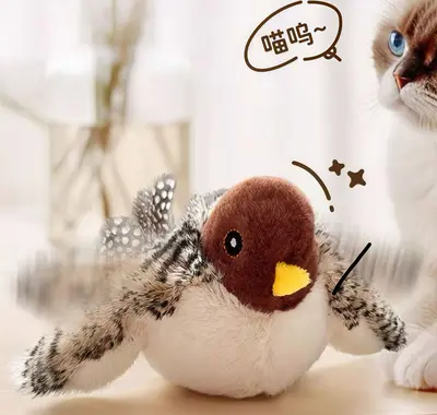 Electric Plush Cat Toy, Sound and Vibrating Bird with Moving Wings - 8