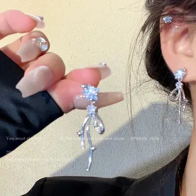 925 Silver Needle Long Tassel Zircon Earrings for Women INS Fashion Accessible Luxury Niche Versatile Elegant Bow Earrings - 13