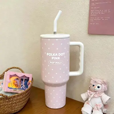 Yıldız puantiyeli buz bardağı, kulplu, büyük kapasiteli, pipetli