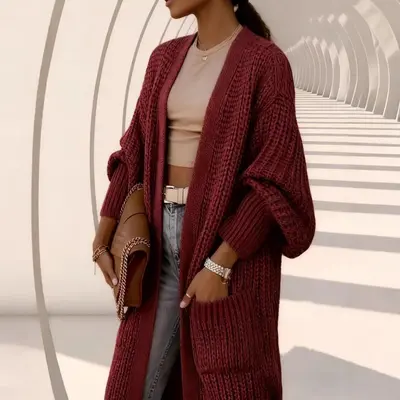 Women's Thick Knee-Length Long-Sleeve Knit Cardigan, Autumn Winter