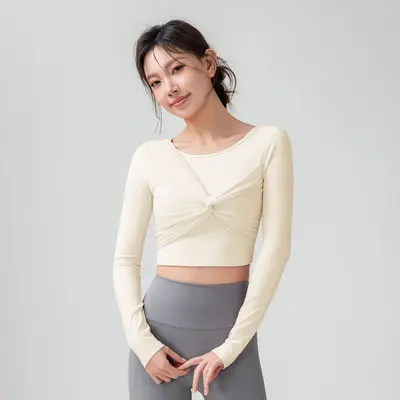 2026春带胸垫瑜伽服上衣女秋冬新款网纱扭结运动长袖跑步 健身衣