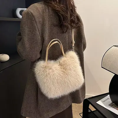Kadın Çapraz Askılı Peluş Çanta, Tote Çanta Modeli, Sonbahar ve Kış - 10