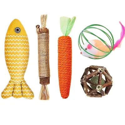 Cat Toy Set with Catnip Fish, Teaser Wand, Silvervine Chew Stick and Carrot - 6