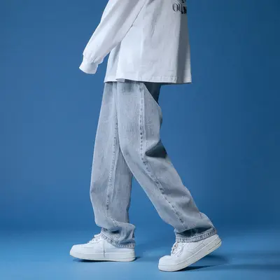 Men's Straight-Leg Loose Black Jeans, Wide-Leg Korean Style