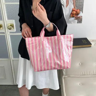 Große Damen-Tote-Bag aus PVC mit Streifen, wasserdicht, tragbar