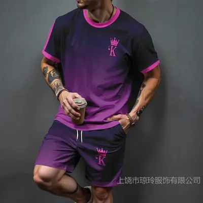 Men's Summer 3D Printed T-Shirt and Shorts Set, Gradient Letter Pattern