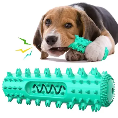 Dog toy, squeaky, teeth-cleaning stick with treat dispenser