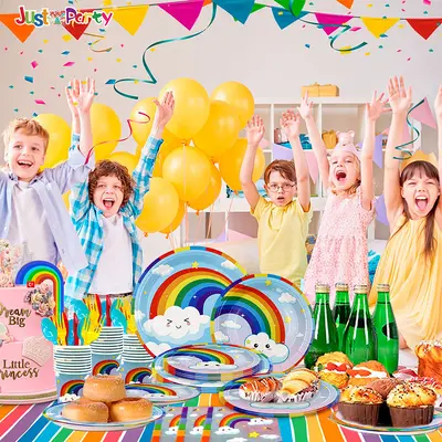 Amazon White Cloud Rainbow Одноразовый набор бумажных тарелок, бумажных стаканчиков и салфеток для детского дня рождения