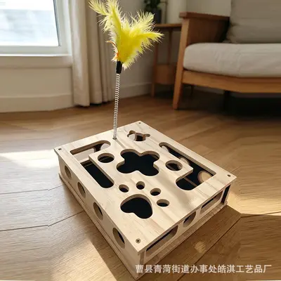 Solid Wood Maze Cat Toy, Square Self-Play Puzzle Box - 3