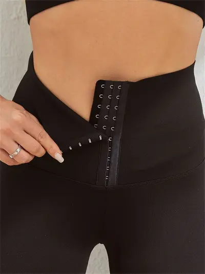 Women's High-Waist Yoga Leggings with Double-Button Front, Tummy Control, Butt Lift, Elast - 3