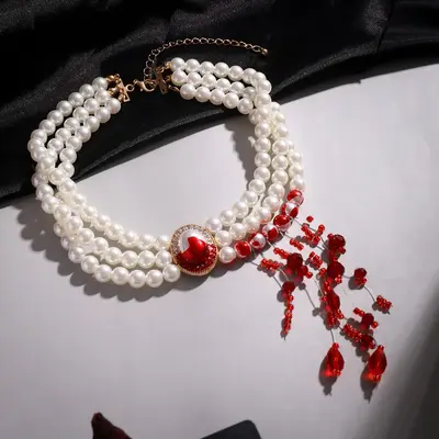 Cadılar Bayramı Kan Damlalı Retro Gotik Kolye, İmitasyon İnci Boncuklu Püsküllü Gerdanlık