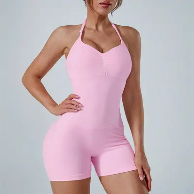 跨境挂脖露背连体瑜伽服女高腰收腹提臀裸感健身外穿速干连体衣 - 7