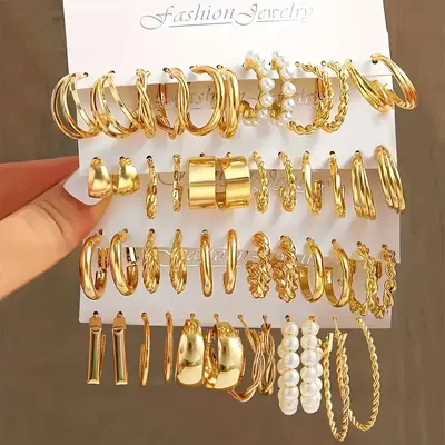 欧美C形金属纹理高级感个性耳圈女复古麻花耳环套装6件套earrings - 11
