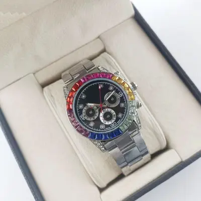 Rainbow men's quartz watch, steel band, diamond bezel - 9